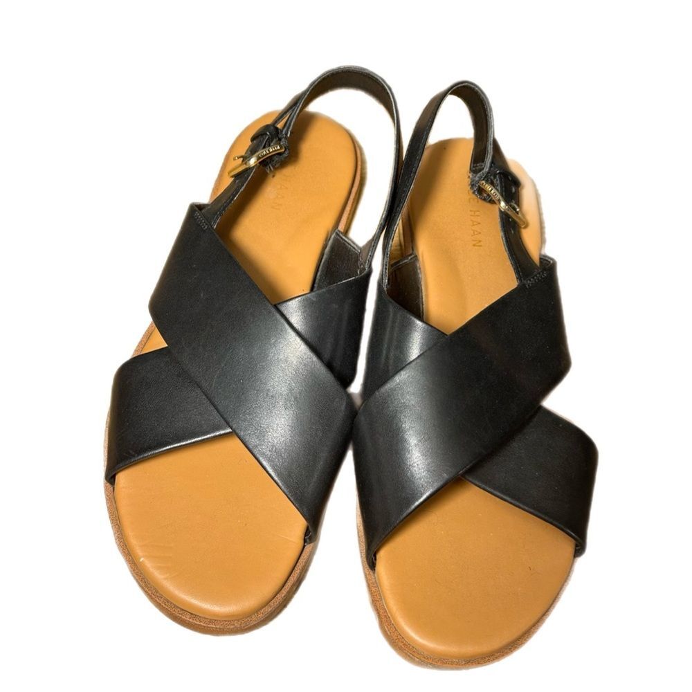 Cole Haan Fernanda Grand Flat Black Leather Sandals Size 5.5